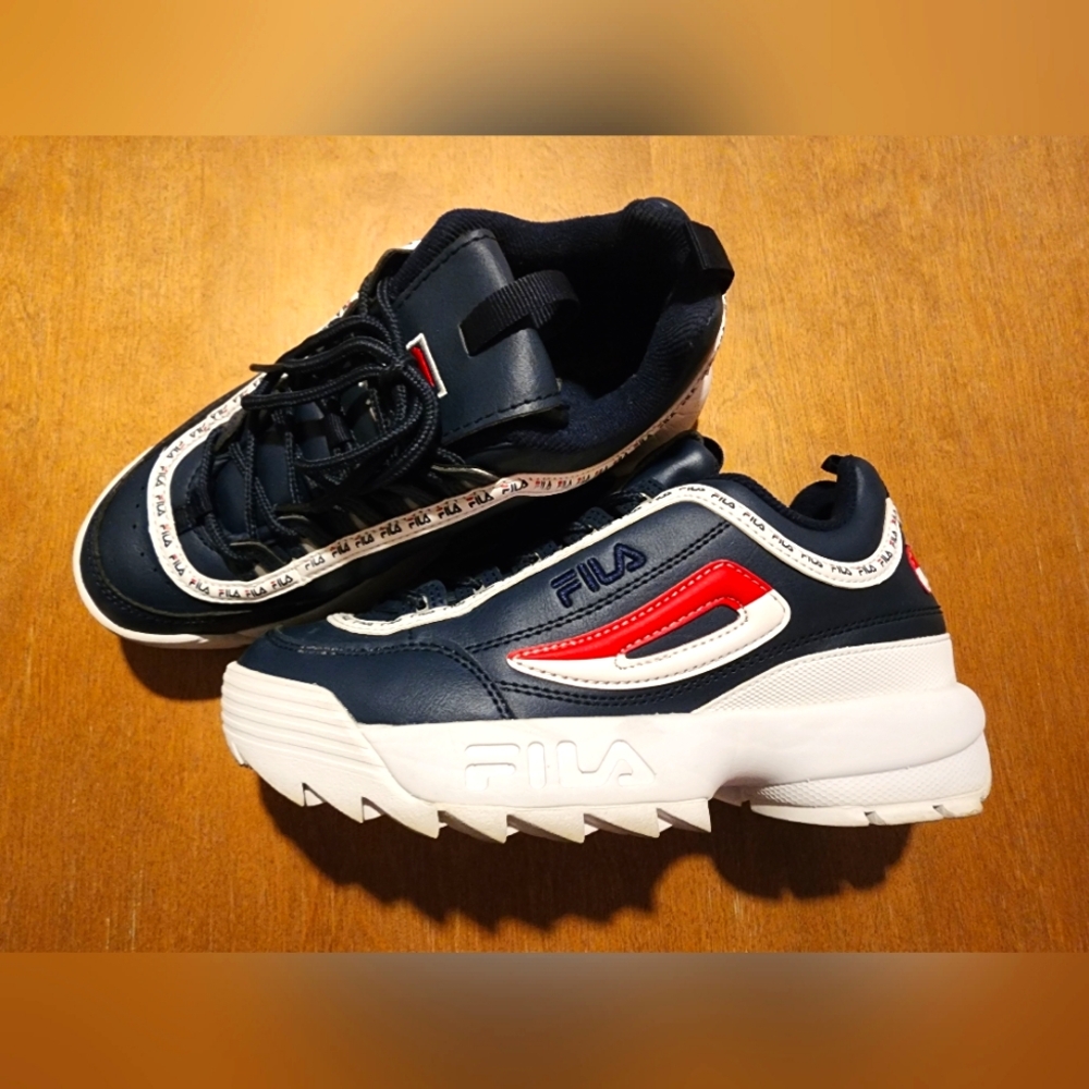 Fila Kids Navy Disruptor II Premium Repeat Low Top Sneaker Shoes US 4.5